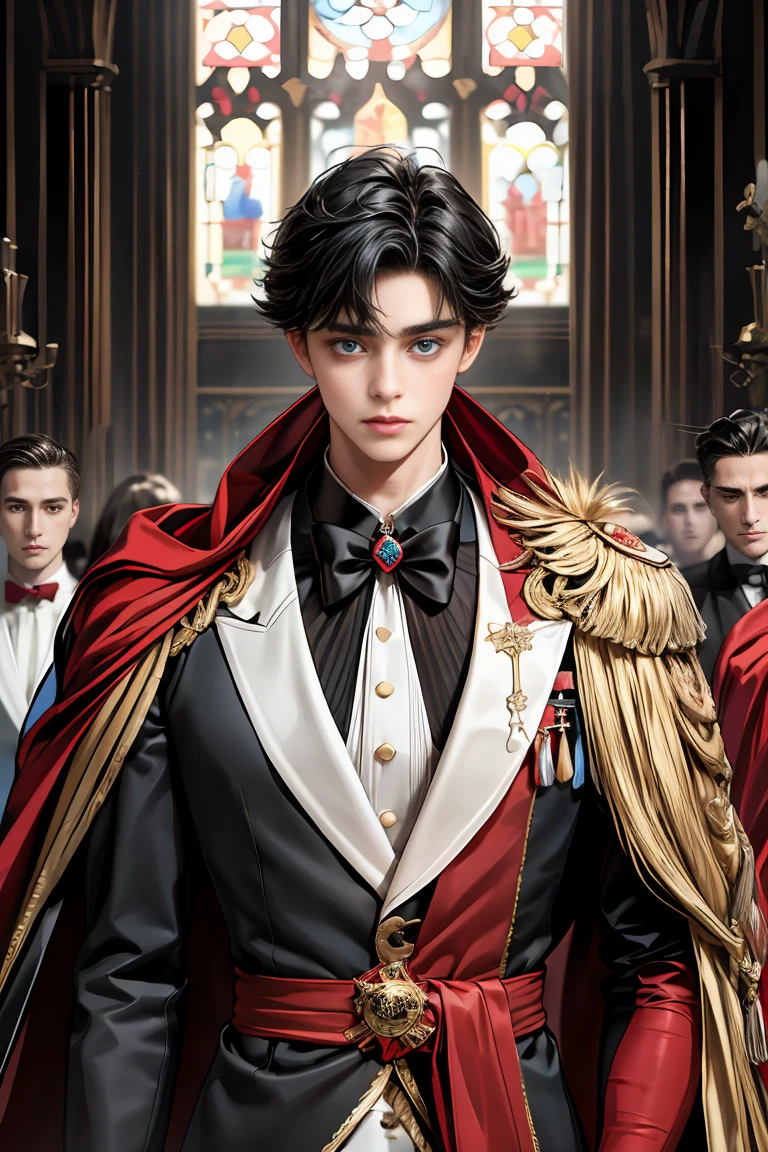 masterpiece, 最high quality, high quality, 1 boy, alone, Male focus, Watching the audience, Messy black hair, Adorable big blue eyes, White people, Noble, Noble,Sexy voluminous black and red cape、Tuxedo、A very voluminous, large, very large, very large, long, long red and black cape with a high stand-up collar, reaching down to the floor, made of a lot of fabric., 17 years old,Cute beautiful boys,Cute, cute, kind, handsome guy