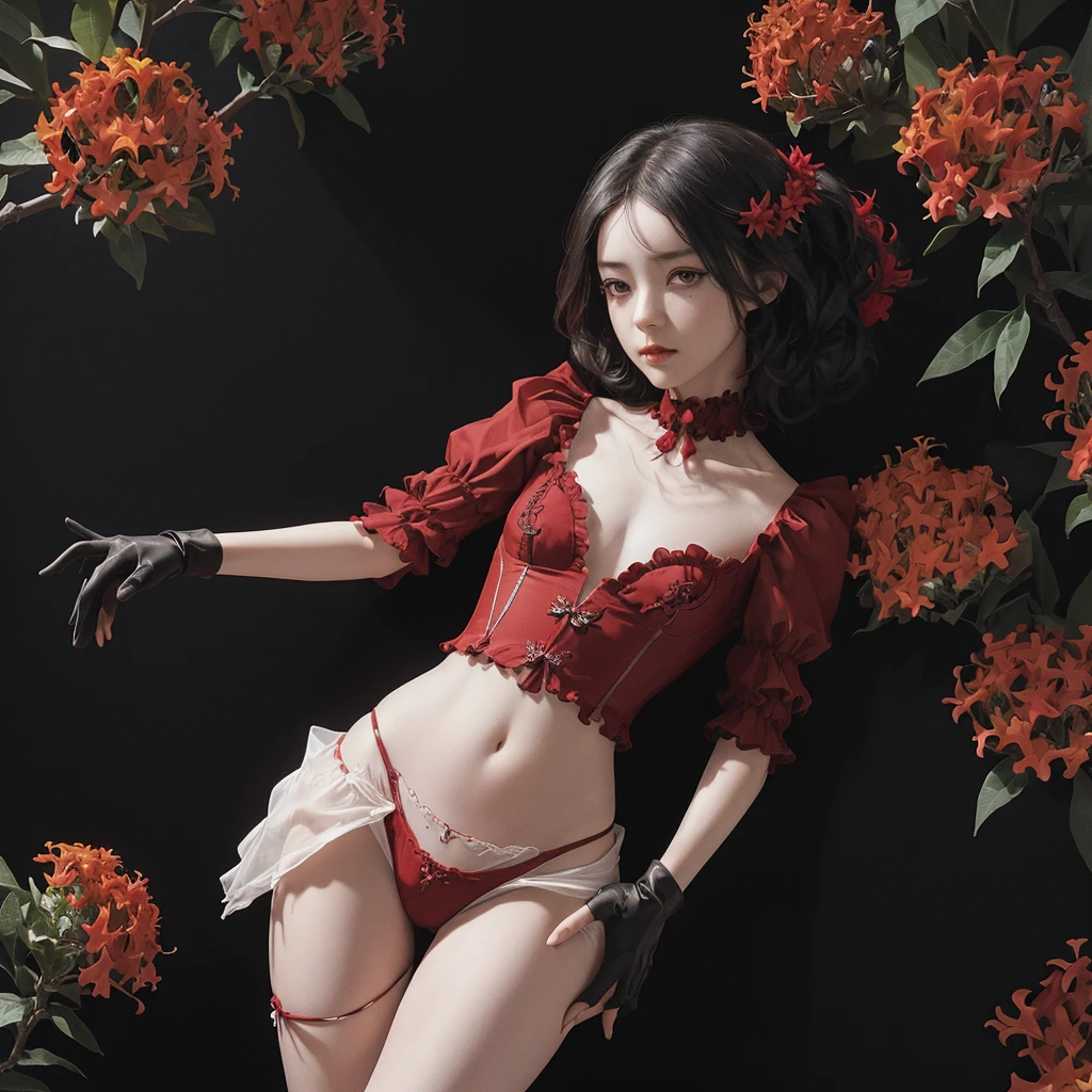 (NSFW:0.9),(solid color background all, flower wallpaper:1.2), partially colored, (:1.4), three primary colors clothes, cowboy shot, lusty, alluring,((red Ixora)), small flowers, ((poison)), ((temptation)), undertaker, gothic style, detailed shadow and light,expressionless,sweet, (revealing clothes:1.2),gloves, tight strap, frilled trim, hair ornament, skinny,waist, collarbone,crotch,dancing
BREAK
circle, dark:1.4,white,(((red))),