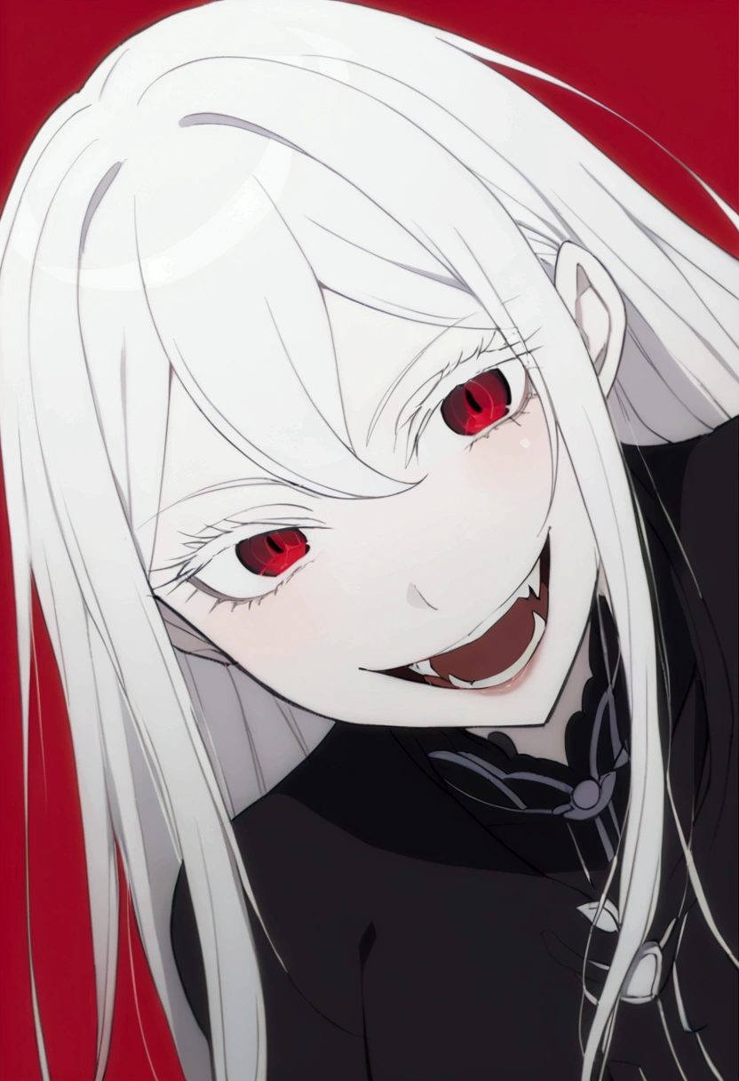 Evil woman, loca, White hair, thick white eyelashes, fangs, demonic, echidna re:zero, crazy laugh, pure evil, black clothes, red tones, big breasts,a close-up of a person with a red background and a black and white drawing of a woman with long hair, Akane Owari Danganronpa, with red haze and a massive SMILE, SMILEning lasciviously, [[[[SMILEning evily]]]], evil SMILE, Gapmoe Yandere Grimdark, SMILE, SMILE asesina, Masterpiece