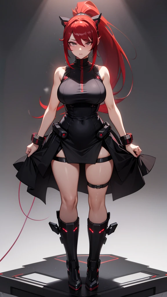 Cybernetics ears equipment,milf,red hair , ponytail hair,sexy black dress,cyber emission eyes,look like normal women, sexy stand pose, correct anatomy , Bedroom 