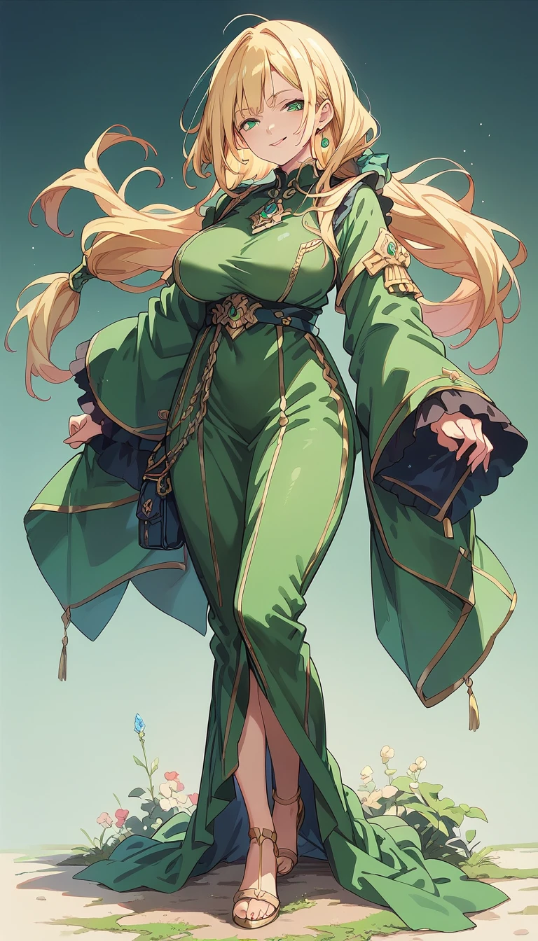 score_9, score_8_up, score_7_up,masterpiece,(bestquality),highlydetailed,ultra-detailed,1 boy, full body, solo,  large breast, low-tied long hair, blonde hair, green eyss, tall height, naughty face, simple background