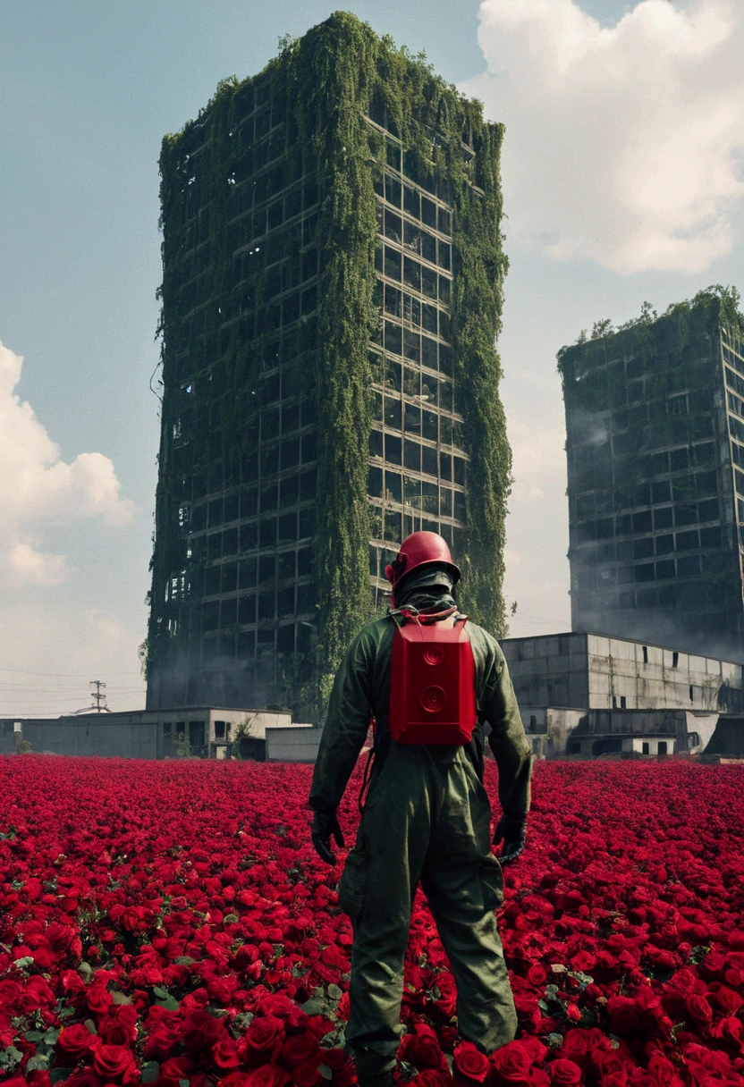 A factory full of roses，Red particles were floating in the sky，A skyscraper filled with vines，Wilderness Wind，Apocalyptic，Man in protective suit