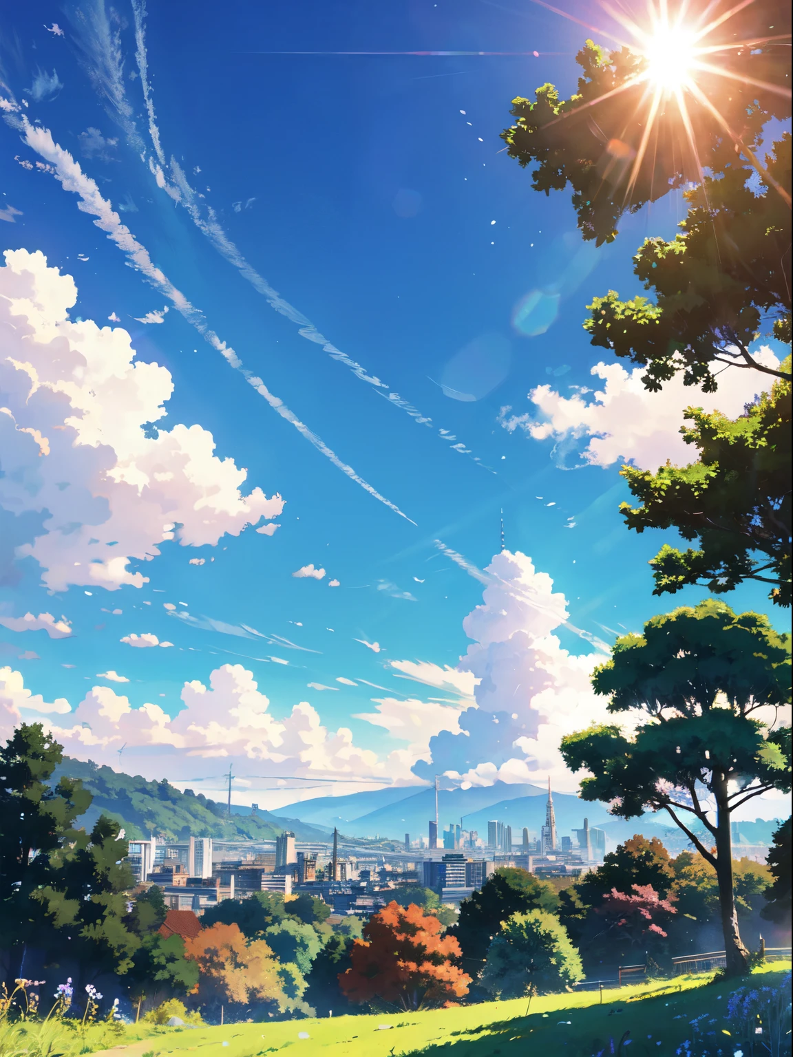 Green Alps in anime style,With bright blue sky and sunshine