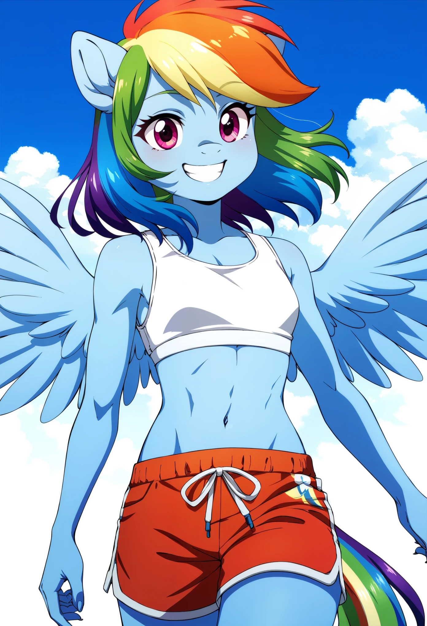 score_9, score_8_up, score_7_up, score_6_up, rainbow dash, pony, furry, blue skin, small wings, multicolored hair, anthro, pony face, white crop top, (toned:0.5), smile, small breasts, gym shorts, medium hair, blue sky