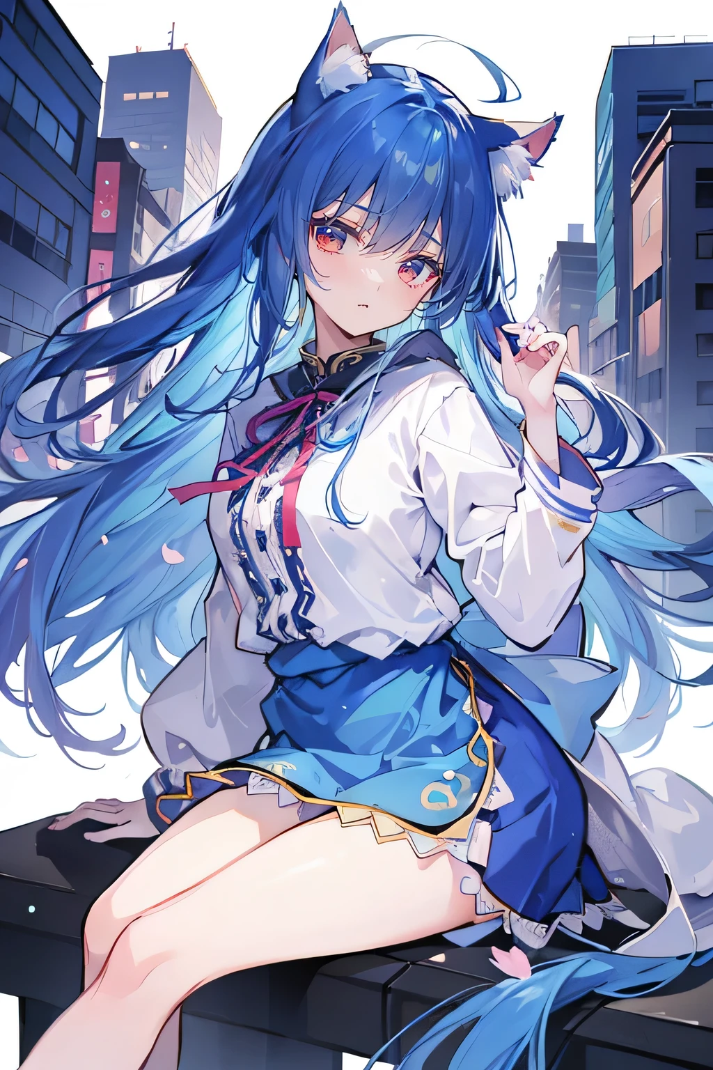 (masterpiece:1.2),Super detailed,lifelike,Expressive eyes,fair skin,perfect face shape,1 girl,
Japanese comics,Gorgeous blue hair,flowing blue hair,flowing clothes,Cat ears,Petals fall,beautiful lola,Baby Angel,
Shaking head with one hand,Cross your legs,smile, wearing hoodie,snowing,City streets。