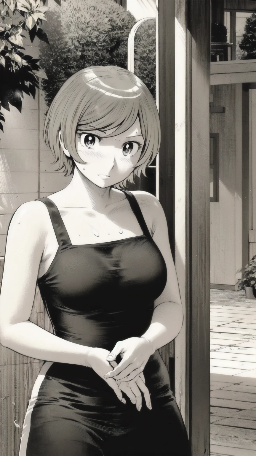 、(masterpiece、Highest quality)、Highest quality, Ultra-high resolution, (((masterpiece))), alone, Sweat、Big eyes, Sleeveless、Outdoor、Floral Dress、Composition from the front、(後ろCut your hair short、short hair、blonde、woman)、Shortcuts、Embarrassed face、Cut your hair short、可愛いwomanの子、Big Breasts、Browsing Caution