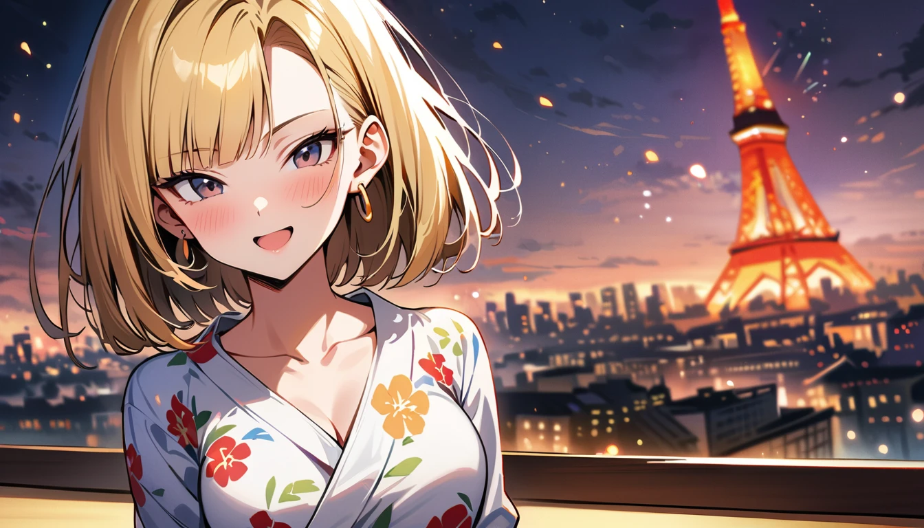 (masterpiece, best quality:1.2),1girl, (solo), Android 18 from Dragon Ball, ((floral print white kimono)), medium breasts, blunt bangs, blonde short hair, (black eyes), earrings on earlobes, slim, slender feminine figure, skinny body, blush, magnificent view, blur background, 4K, open mouth, smile, Tokyo Tower, firework, arms open, collarbone,
