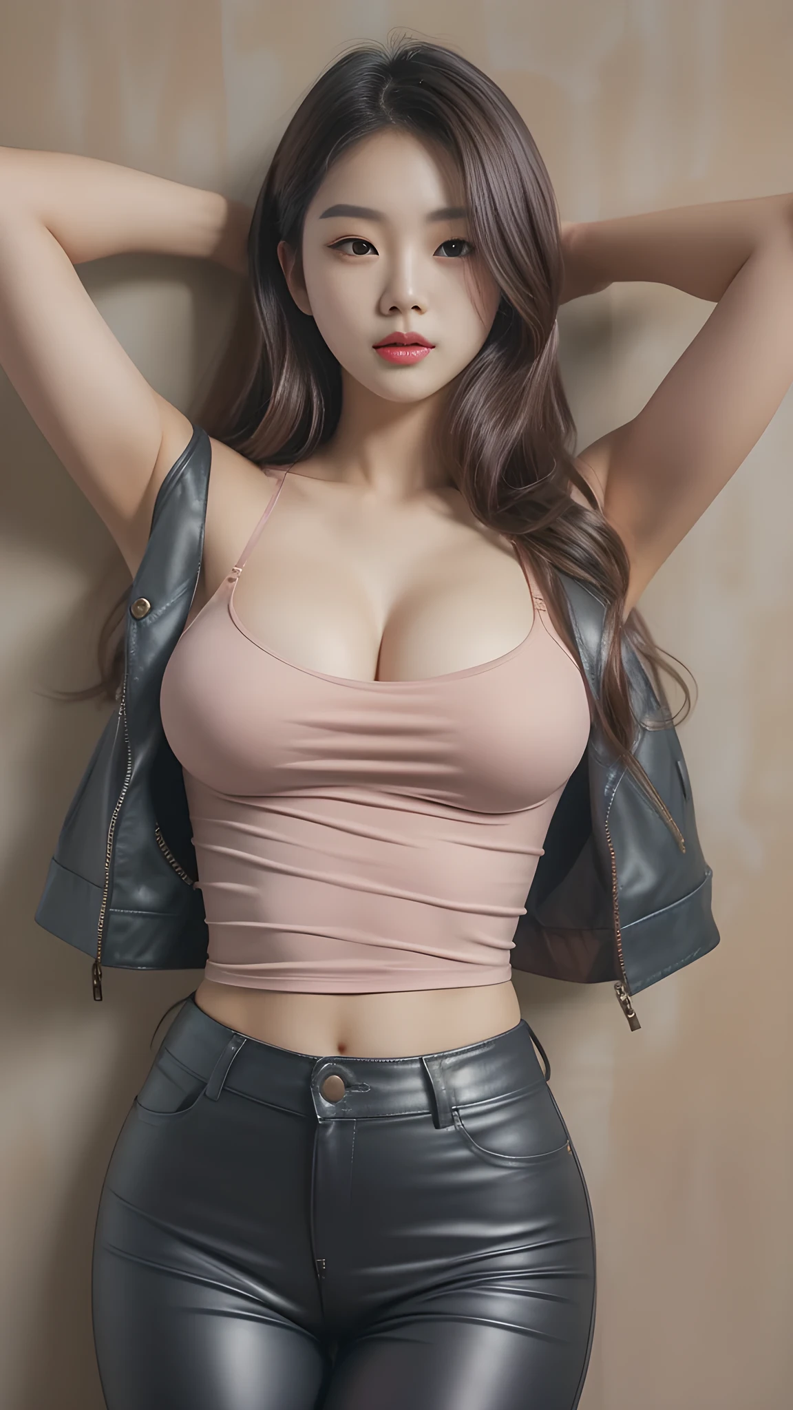 a woman in a leather jacket and pants posing for a picture, korean girl, gorgeous young korean woman, beautiful south korean woman, beautiful asian girl, wearing tight simple clothes, korean woman, asian girl, beautiful young korean woman, sexy girl, photo of slim girl model, tight outfit, wearing tight shirt, open v chest clothes, gorgeous chinese model, tight attire