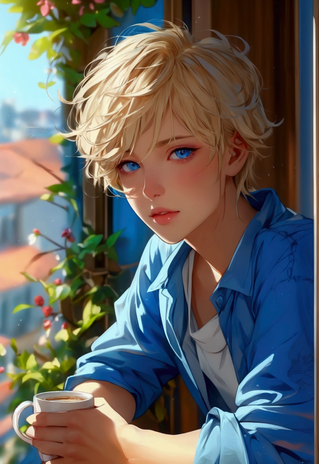 Blonde hair boy, light blue eyes, White skin, delicate features of the face, pink lips , slim build, sitting on a balcony sitting with a cup of coffee at noon.