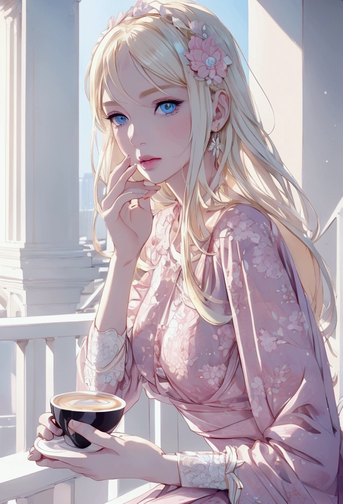 Blonde hair boy, light blue eyes, White skin, delicate features of the face, pink lips , slim build, sitting on a balcony sitting with a cup of coffee at noon.