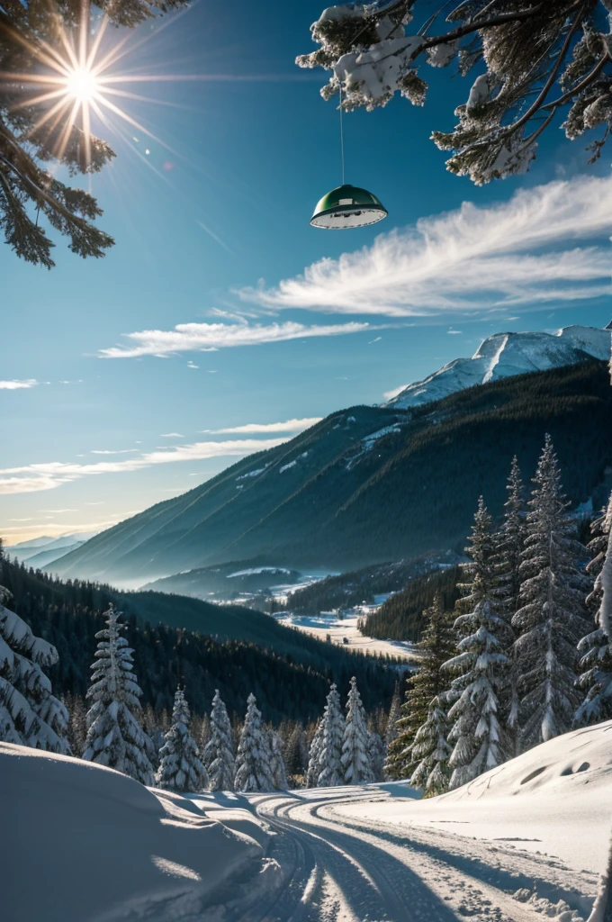 baby wolf,forest green,hill cliff,mountain snow,sun beams,ufo in sky,ghost