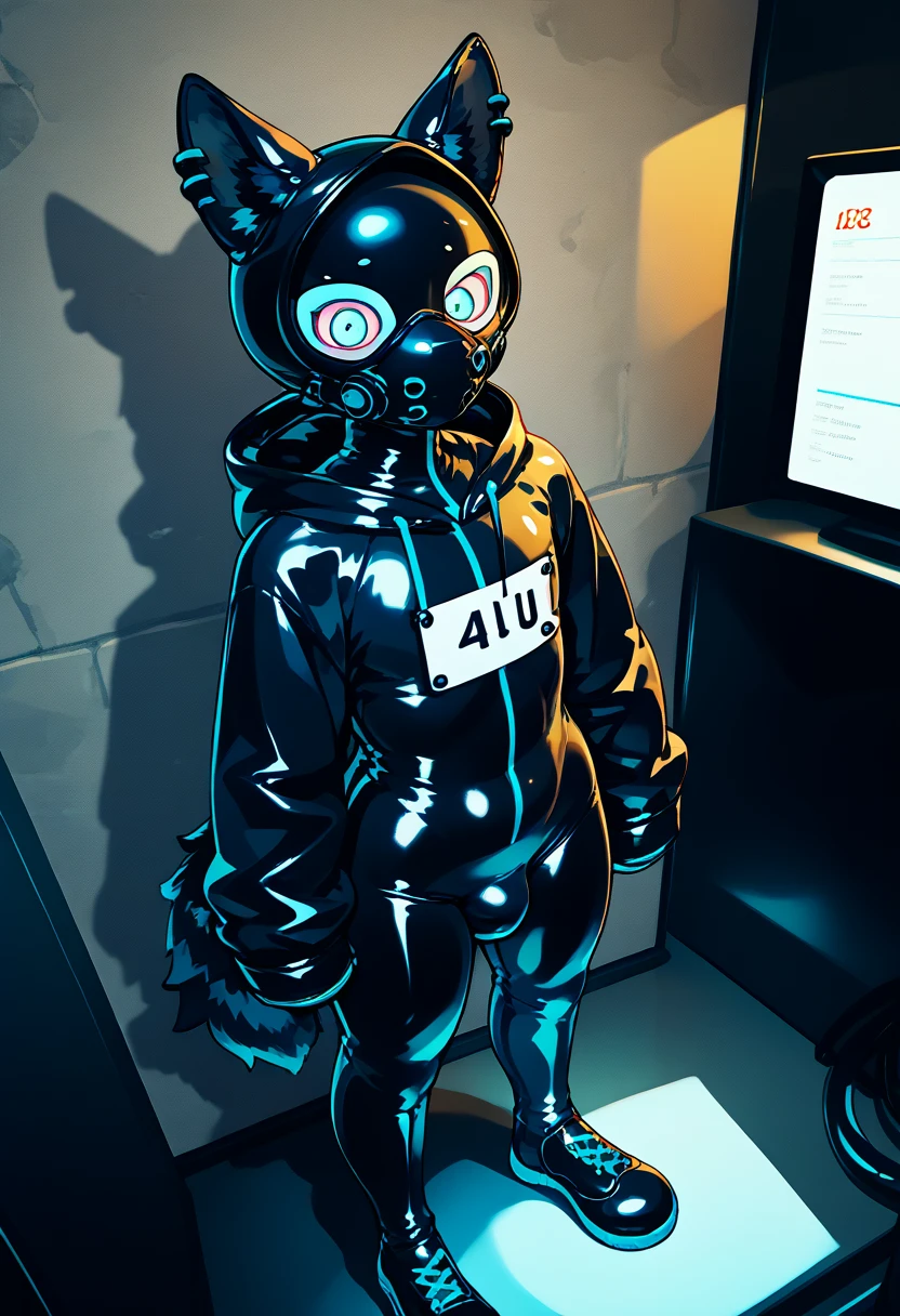 Highest quality, Highest quality, High quality illustrations, masterpiece, Ultra-high resolution, Detailed Background, Games Room, Absurd, Perfect Anatomy, performance, Good lighting, Shadows in the movies(kemono, Furry Personifi猫ion), Rubber suit, Rubber suit, latex, neon, neonライト, neonカラー, Rubber spats, Rubber Hoodie,  Rubber mask, ribbon, Embarrassing, Null bulge, male, juvenile, From above