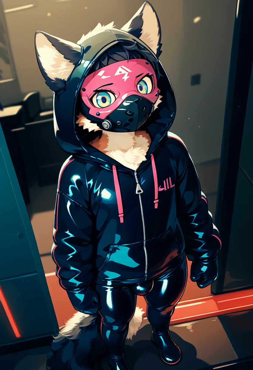 Highest quality, Highest quality, High quality illustrations, masterpiece, Ultra-high resolution, Detailed Background, Games Room, Absurd, Perfect Anatomy, performance, Good lighting, Shadows in the movies(kemono, Furry Personifi猫ion), Rubber suit, Rubber suit, latex, neon, neonライト, neonカラー, Rubber spats, Rubber Hoodie,  Rubber mask, ribbon, Embarrassing, Null bulge, male, juvenile, From above