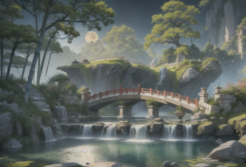 Ancient Chinese architecture, cool colors, dark night, moon, garden, bamboo, lake, stone bridge, rockery, arch, corner, tree, running water, landscape, outdoor, waterfall, grass, rock, dense fog, (Illustration: 1.0) , Epic Composition, HD Details, Masterpiece, Best Quality, (Very Detailed CG Unity 8k Wallpapers) --v 6