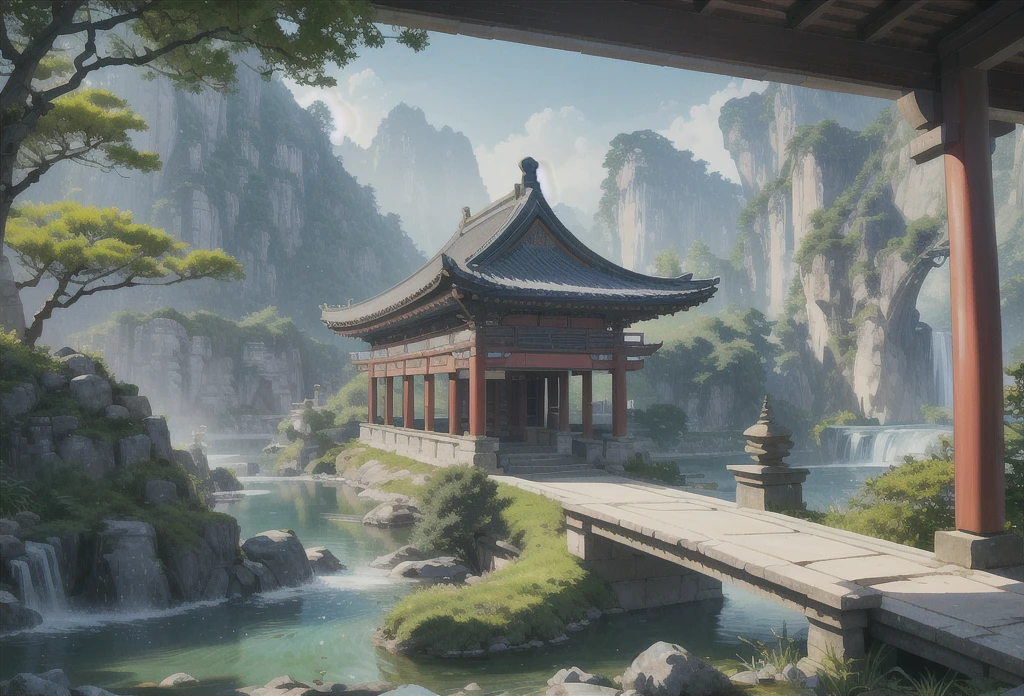 Ancient Chinese architecture, cool colors, dark night, moon, garden, bamboo, lake, stone bridge, rockery, arch, corner, tree, running water, landscape, outdoor, waterfall, grass, rock, dense fog, (Illustration: 1.0) , Epic Composition, HD Details, Masterpiece, Best Quality, (Very Detailed CG Unity 8k Wallpapers) --v 6