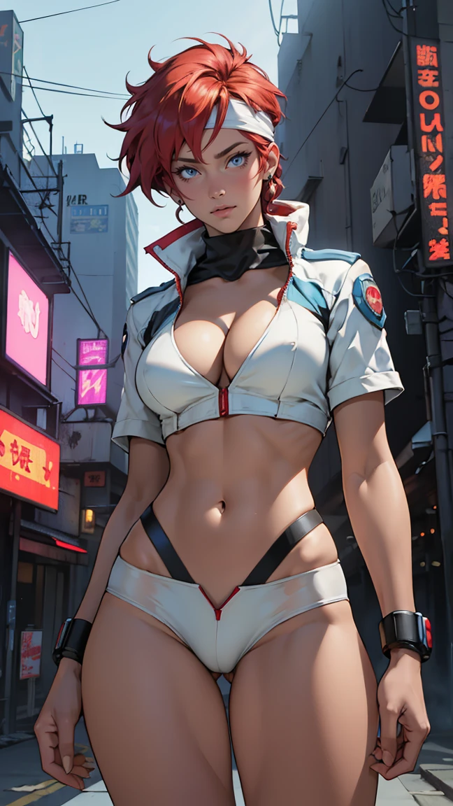 ((Masterpiece, highest quality; 1.3)), super quality, beautiful detail, super detailed, extra fine, 16K, exquisite, absurd, high resolution, beautiful background, detailed background, beautiful eyes, beautiful skin, anime style, Kay from Dirty Pair in a white outfit, tight outfit, cleavage, bushy redhead beauty, very light blue uniform, wearing tight clothes, skimpy, (mid chest: 1.2), cleavage, cleavage, slim waist , thin waist, slim thighs, thin legs, slim legs. thigh gap, showing stomach, skinny, thin hips, cyberpunk city background, holding retro space gun , headband,