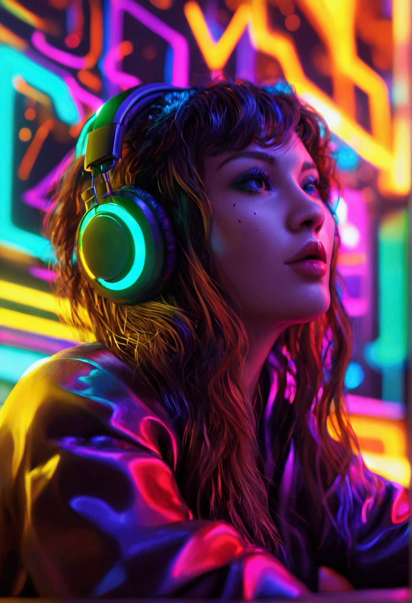 a beautiful woman with chestnut hair and curly hair wearing oversized headphones, sitting in a dark room surrounded by neon cyberpunk lights, cyberpunk aesthetic, detailed face and expression, 1girl, intricate details, hyper realistic, octane render, 8k, photorealistic, chiaroscuro lighting, moody atmosphere, neon glow, dynamic pose, fashionable outfit, glossy skin, large headphones, detailed eyes and lips, sharp focus, cinematic, masterpiece