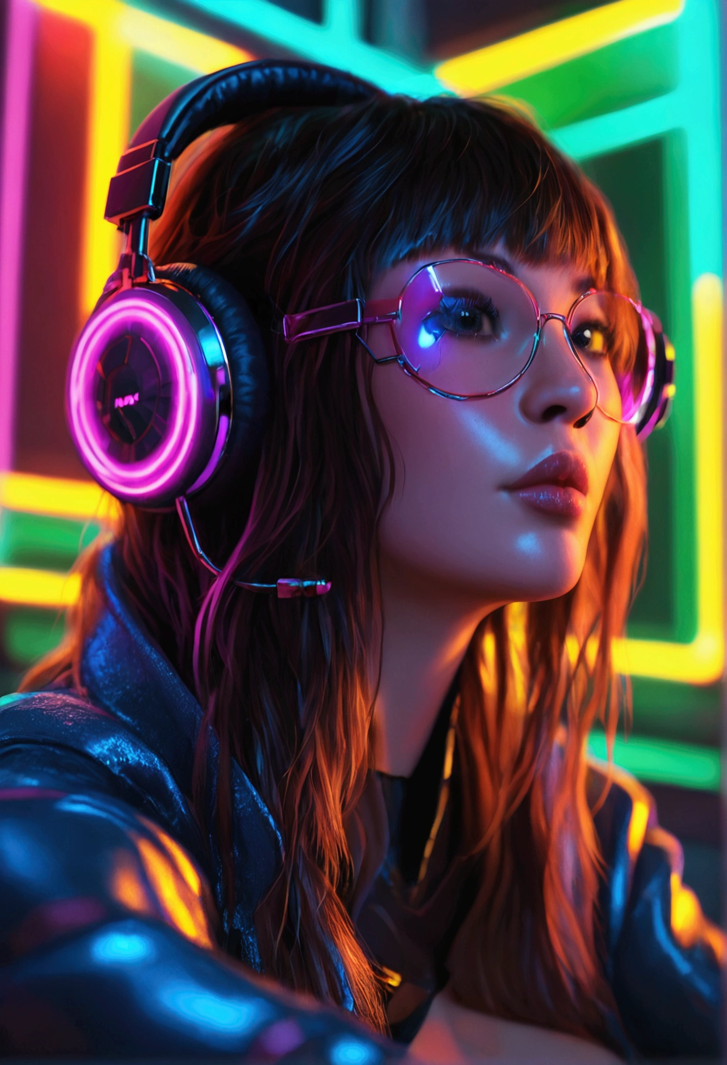 a beautiful woman with chestnut hair and curly hair wearing oversized headphones, sitting in a dark room surrounded by neon cyberpunk lights, cyberpunk aesthetic, detailed face and expression, 1girl, intricate details, hyper realistic, octane render, 8k, photorealistic, chiaroscuro lighting, moody atmosphere, neon glow, dynamic pose, fashionable outfit, glossy skin, large headphones, detailed eyes and lips, sharp focus, cinematic, masterpiece