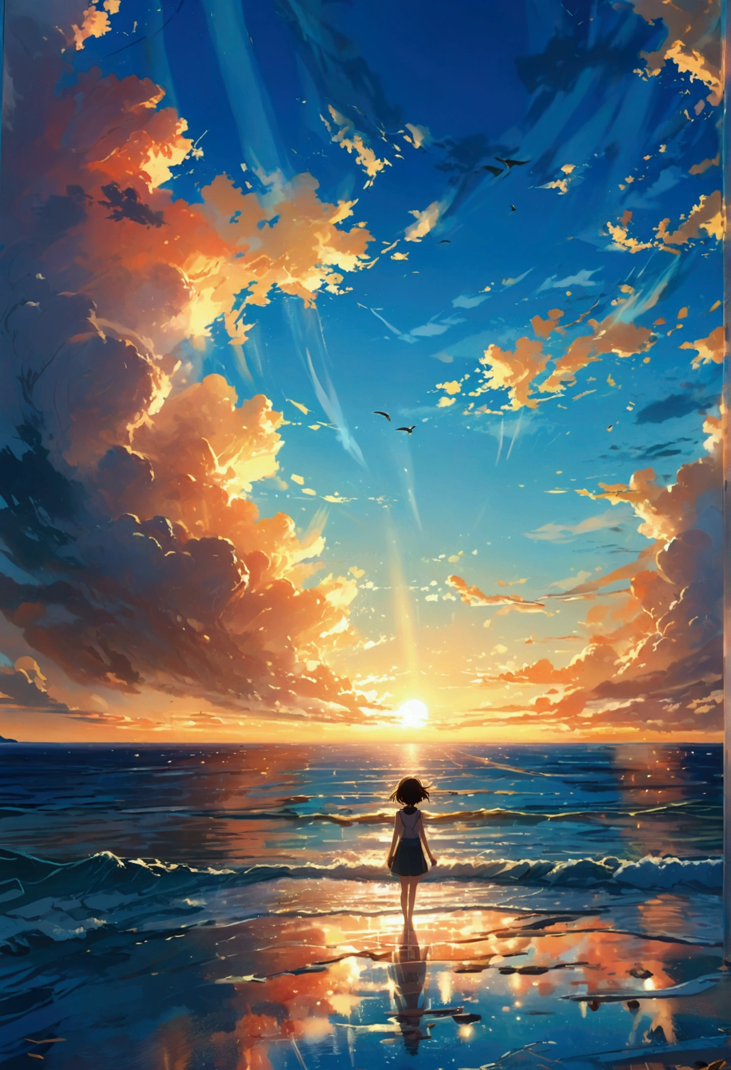 Makoto Shinkai Taste, Beautiful sky, Reflection of light, Barefoot Girl,The sea at the end of the road, Romantic Landscape, Healing scenes, Light pours in, Birds are flying, high quality, masterpiece, Beautiful anime scenery, anime landscapes,