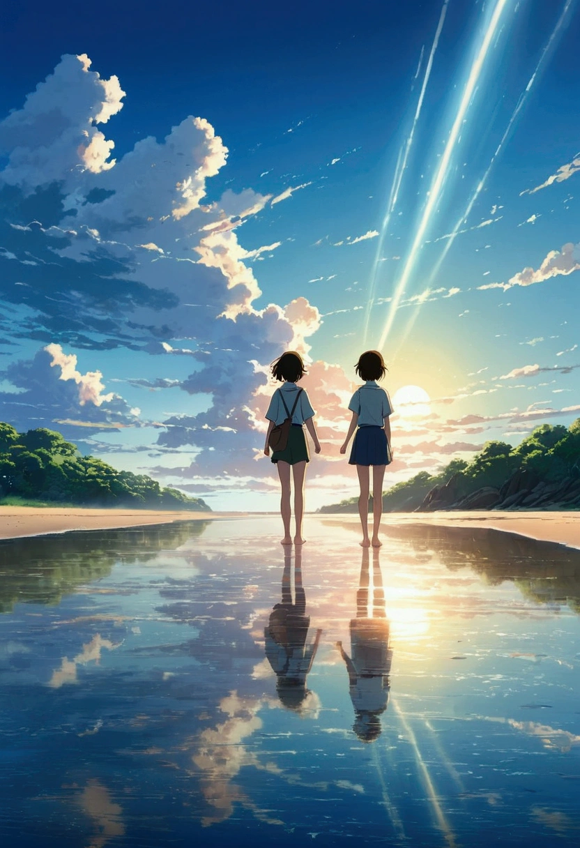 Makoto Shinkai Taste, Beautiful sky, Reflection of light, Barefoot Girl,The sea at the end of the road, Romantic Landscape, Healing scenes, Light pours in, Birds are flying, high quality, masterpiece, Beautiful anime scenery, anime landscapes,