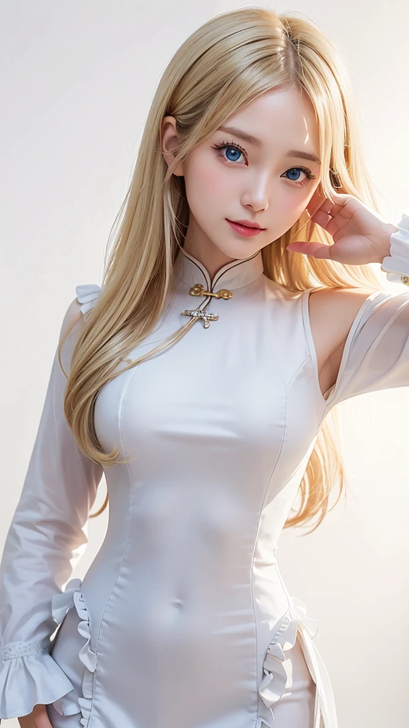 (((White background、White Blonde、forehead、White background、China dress、Ao Dai、Decoration、Frills、race、Cowboy Shot、30 year old mature woman、Mature face))), bright, Refreshing and gentle look, Perfect beautiful face、White Blondeのロングヘア,Beautiful and shiny hair, Very beautiful woman, eyeliner, So perfect and beautiful、Lovely large, clear, sky-blue eyes,Random pose
