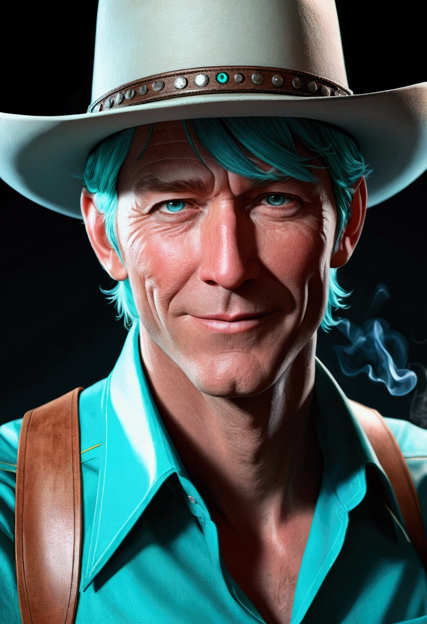 A cowboy spiderman (Clint East Wood) with cigarette in hand, tipping his hat to Hatsune Miku, ((happy smirking 1.4)), action, dark side, Mystery, Dark Background, pastels, by harry bush, James Montgomery Flagg and Lois van Baarle and jim french and rossdraws, detailed realistic eyes, very handsome, beautiful