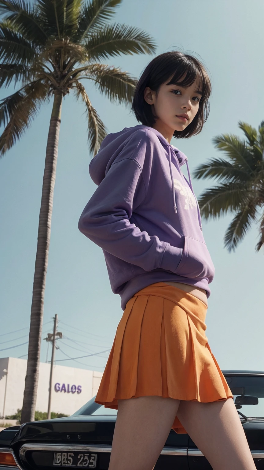 long shot portrait of cute 23 yo girl ,wear ((orange color oversized_hoodie)), wear ((purple tennis skirt)),looking front,Best Quality,Masterpiece,Ultra High Resolution,(Realisticity:1.4),Original Photo, 1Girl, light leak,ultra high resolution,UHD,beautiful, (black bob hair), almond eye, no makeup, in front of (80's abandon gas station), (realistic:1.2), (surreal:1.3), (very detailed:1.1), ((masterpiece)),summer, blue sky, palm trees,sunny, los angles vibes,film camera, 800mm lens,style of Philip Lorca diCorcia