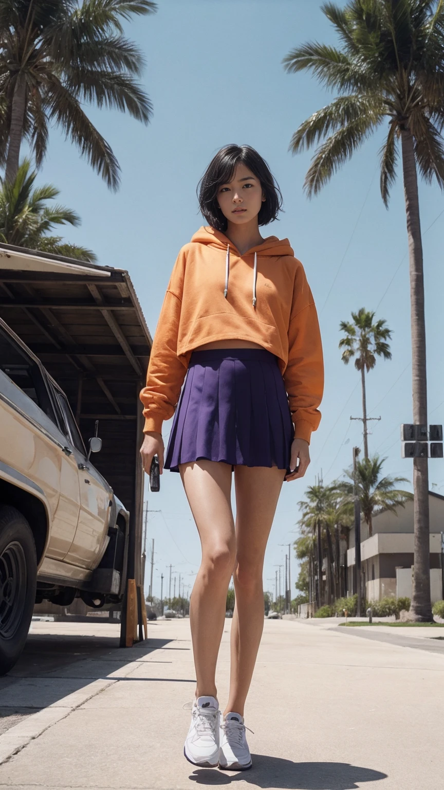 long shot portrait of cute 23 yo girl ,wear ((orange color oversized_hoodie)), wear ((purple tennis skirt)),looking front,Best Quality,Masterpiece,Ultra High Resolution,(Realisticity:1.4),Original Photo, 1Girl, light leak,ultra high resolution,UHD,beautiful, (black bob hair), almond eye, no makeup, in front of (80's abandon gas station), (realistic:1.2), (surreal:1.3), (very detailed:1.1), ((masterpiece)),summer, blue sky, palm trees,sunny, los angles vibes,film camera, 800mm lens,style of Philip Lorca diCorcia