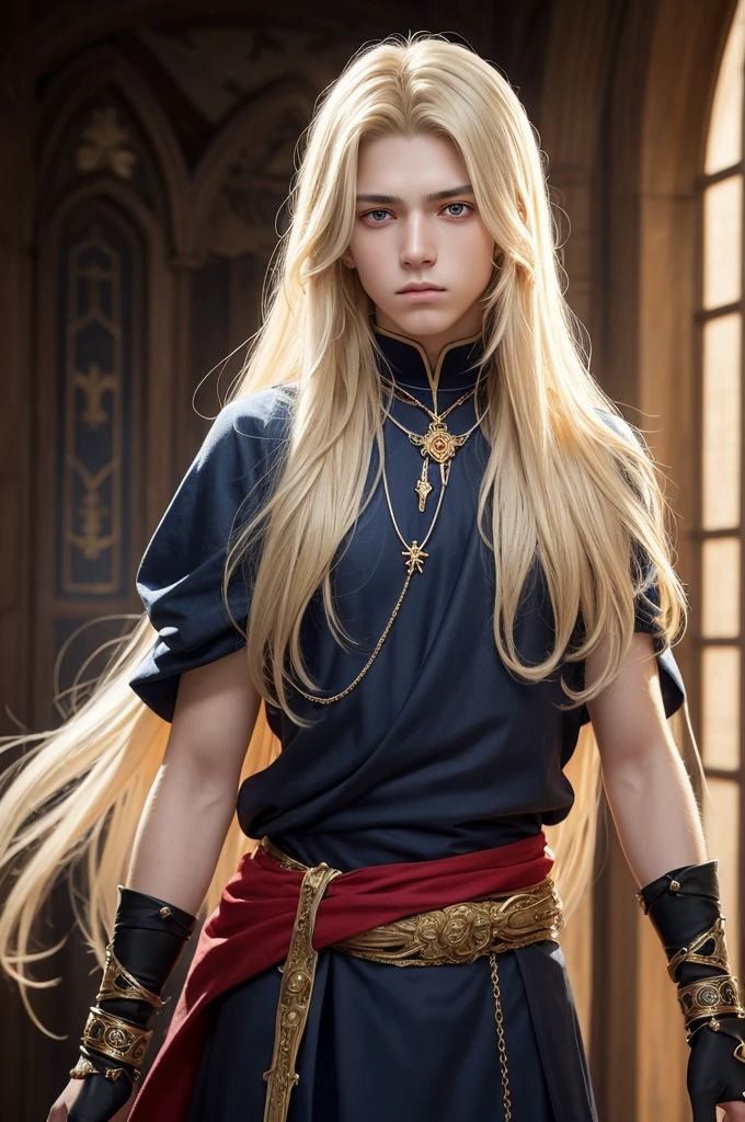 Create me a 17 year old male ager, slightly long blonde hair with some white strands , golden eyes, a necklace with a blue stone and some details, a black medieval outfit and some bracelet of many colors , a red cloth wrapped around the waist and a serious face that gives off an aura of someone good.