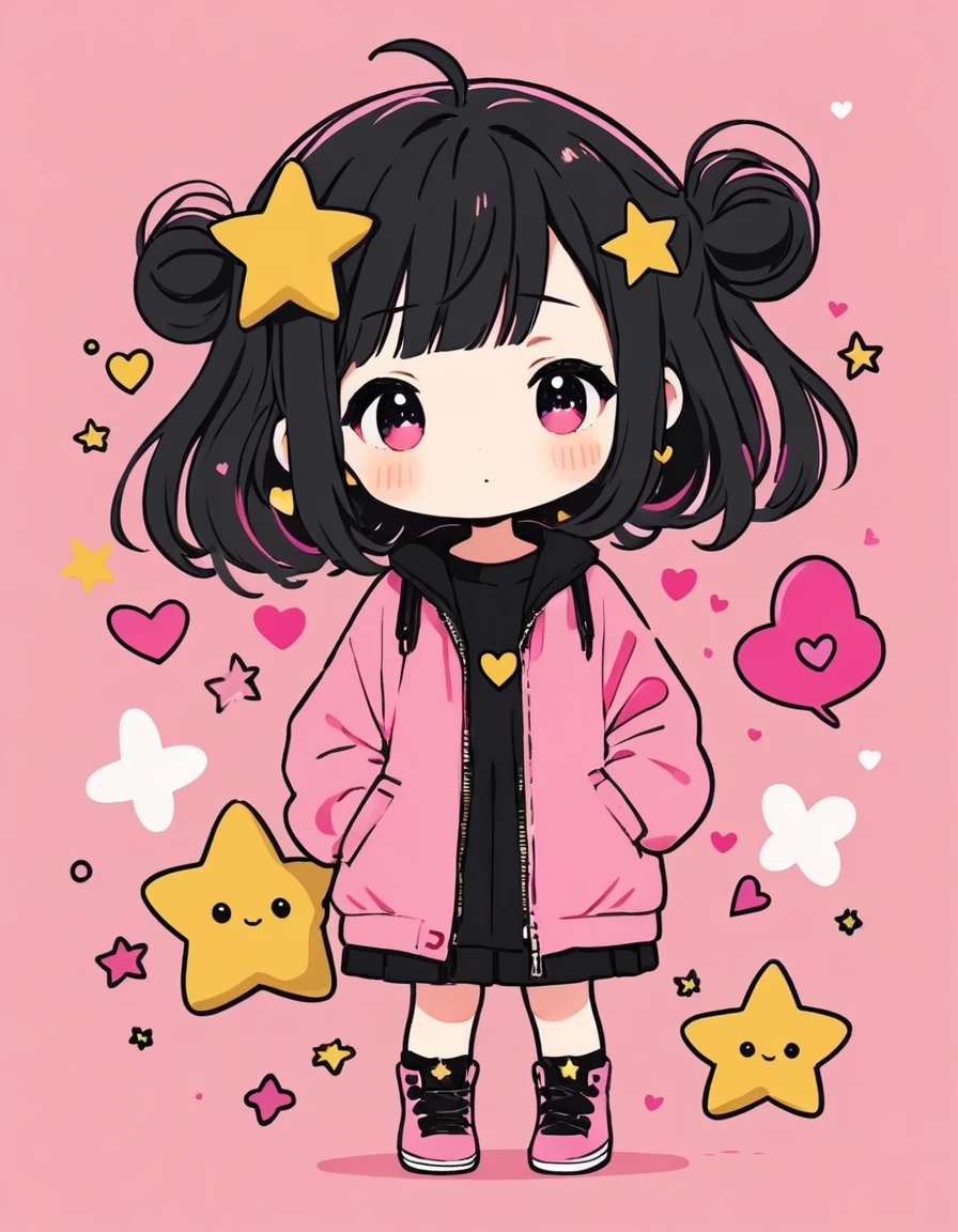 Black Star pink and Gold style, Simple Line Initialism，Abstract art，Kawaii Design, The most beautiful girl of all time、chibi, Cute and colorful pillbugs, colorful hearts