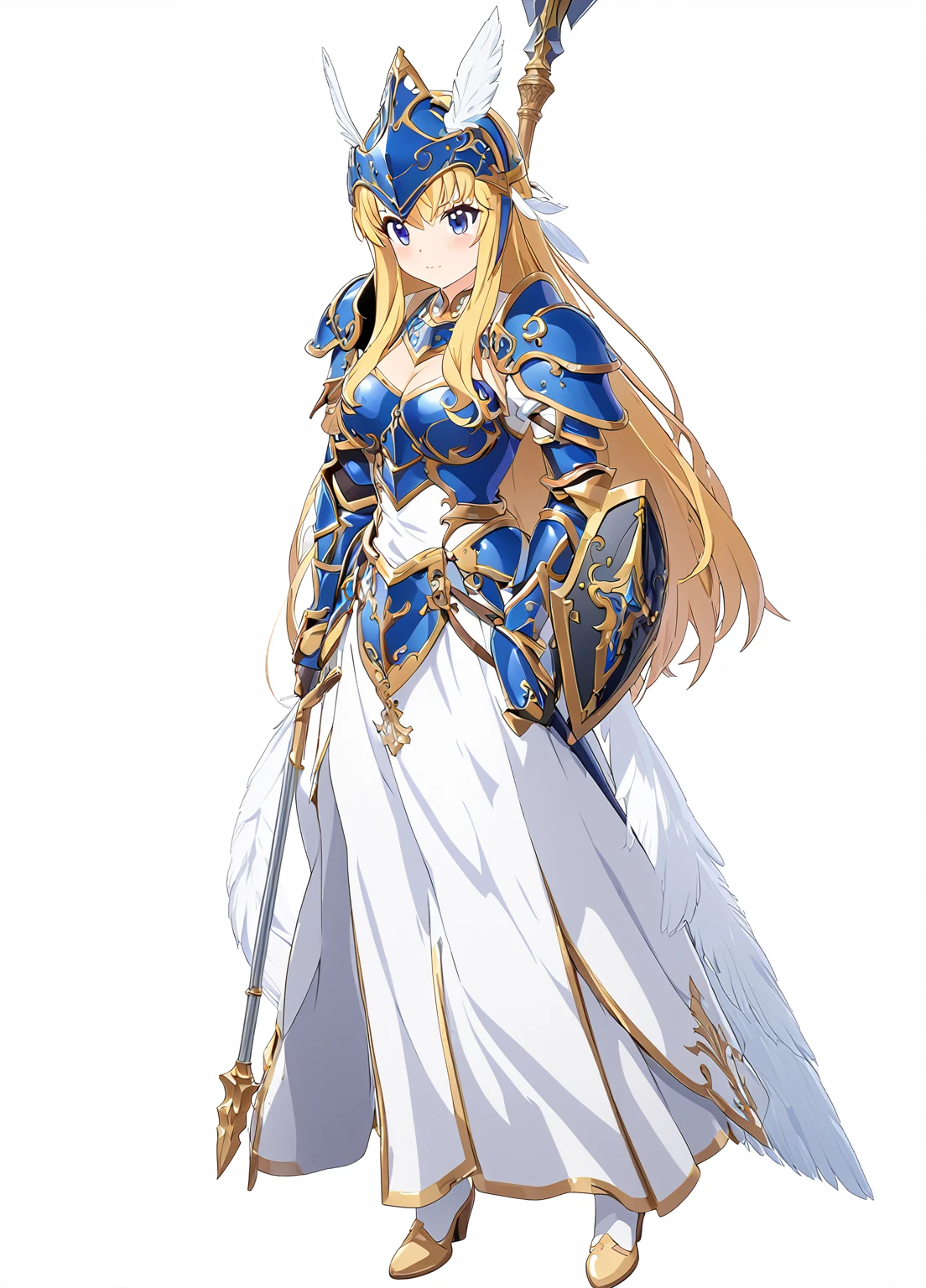 Highest quality, high resolution, High quality game art style, whole body,Valkyrie,Official Art, Smooth game CG art,Cute 3D anime girl render, Visual Novel Sprites, White background,Smooth game CG art, (((Woman with a long spear))),A woman wearing a white dress and blue armor, An intricately designed helmet with white feathers,Small shield, (((Has an exquisite long spear))),Exquisite Blue Armor,Golden Hair, long hair, female knight, Rin々Shii,Large Bust,17 years old,