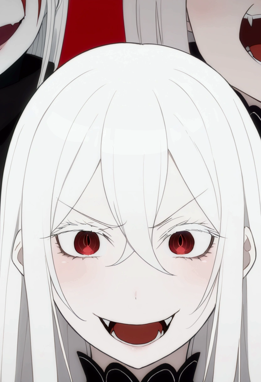 Evil woman, loca, White hair, thick white eyelashes, fangs, demonic, echidna re:zero, crazy laugh, pure evil, black clothes, red tones, big breasts,a close-up of a person with a red background and a black and white drawing of a woman with long hair, Akane Owari Danganronpa, with red haze and a massive SMILE, SMILEning lasciviously, [[[[SMILEning evily]]]], evil SMILE, Gapmoe Yandere Grimdark, SMILE, SMILE asesina, Masterpiece