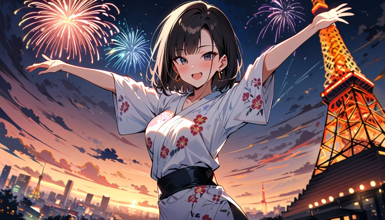 (masterpiece, best quality:1.2),1girl, (solo), Android 18 from Dragon Ball, ((floral print white kimono)), medium breasts, blunt bangs, black short hair, (black eyes), earrings on earlobes, slim, slender feminine figure, skinny body, blush, magnificent view, blur background, 4K, open mouth, smile, Tokyo Tower, firework, arms open, collarbone,