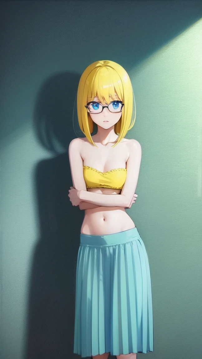 a beautiful girl, yellow hair, a few blue streaks in the hair, long hime cut hairstyle, wearing a light blue bra and mini skirt, blue eyes, round frame glasses (light blue colours), sexy, nsfw, anime, perfect, nude, detailed