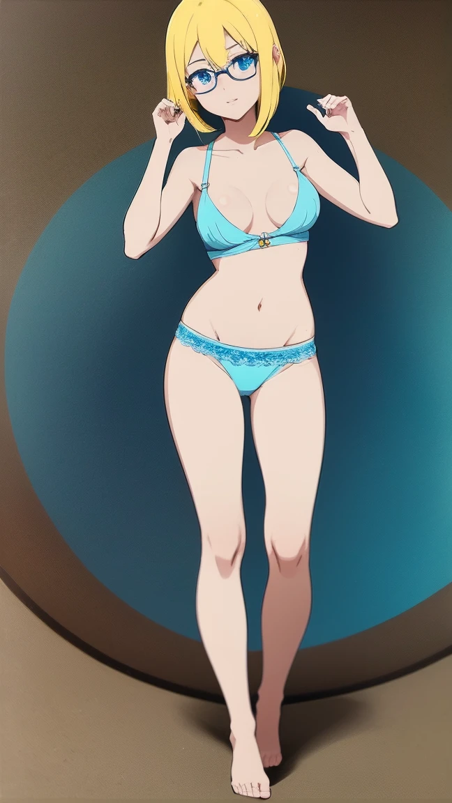 a beautiful girl, yellow hair, a few blue streaks in the hair, long hime cut hairstyle, wearing a light blue bra and mini skirt, blue eyes, round frame glasses (light blue colours), sexy, nsfw, anime, perfect, nude, detailed