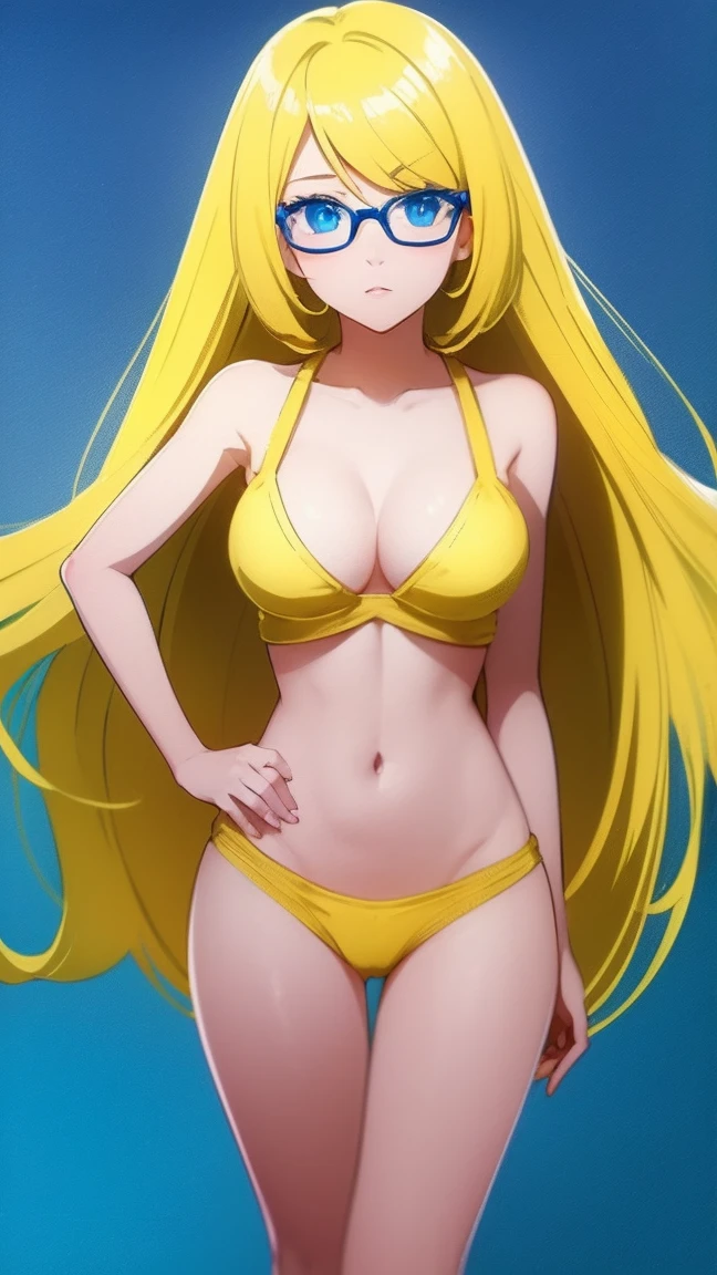 a beautiful girl, yellow hair, a few blue streaks in the hair, long hime cut hairstyle, wearing a light blue bra and mini skirt, blue eyes, round frame glasses (light blue colours), sexy, nsfw, anime, perfect, nude, detailed