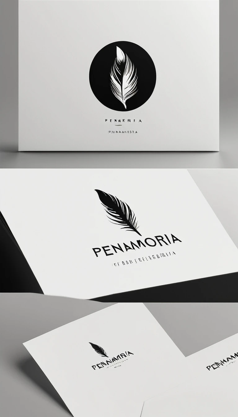 A minimal, modern, simple, cinematic logo design for the brand “Penamemoria". Create a modern, minimalistic, high-quality, logo of a bird feather