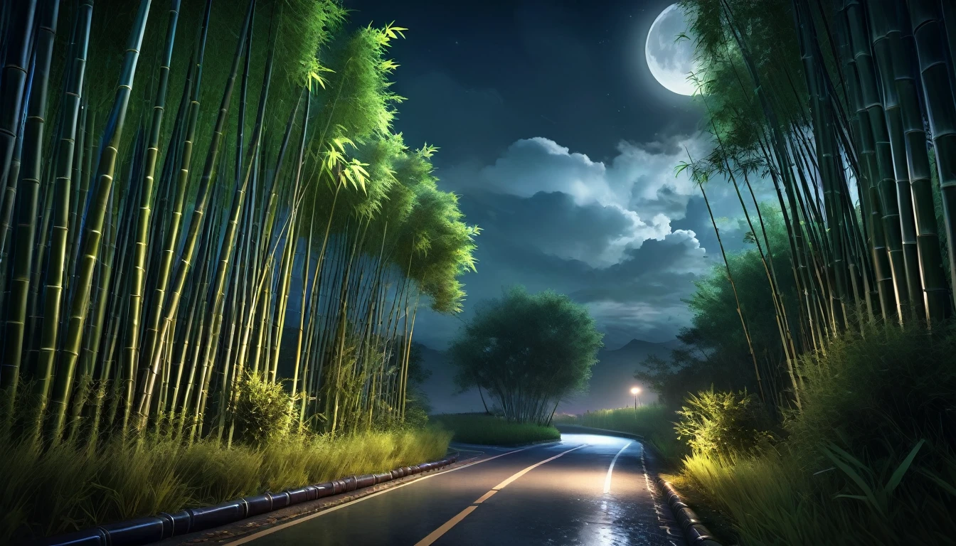 a rural road at night, bamboo trees, tense atmosphere, detailed bamboo, detailed foliage, moonlit night, moody lighting, dramatic clouds, cinematic composition, realistic rendering, intricate details, vibrant colors, high contrast, dramatic shadows, photorealistic, masterpiece, ultra-detailed, 8k