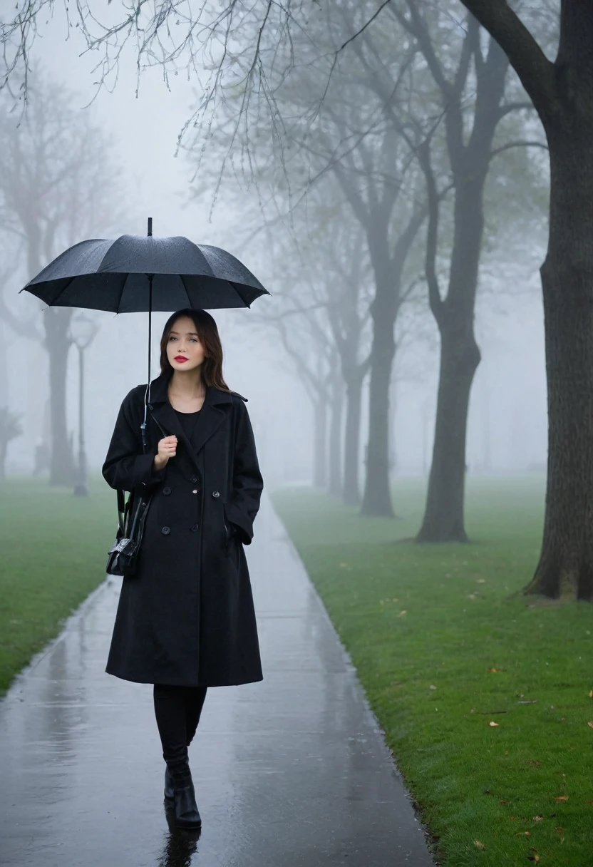 masterpiece, best quality,rain, in the rain, 1 woman, thick foggy park, looking at viewer, black coat