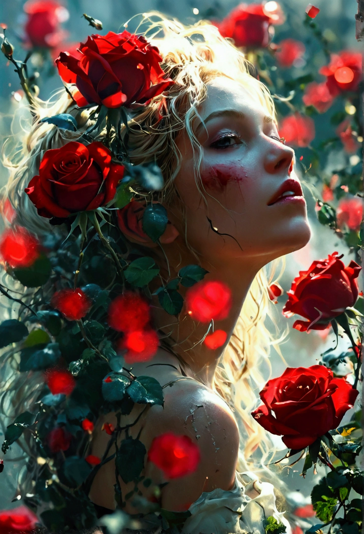 Roses grow lush,Red particles were floating in the sky,A skyscraper filled with vines,Wilderness Wind,Apocalyptic