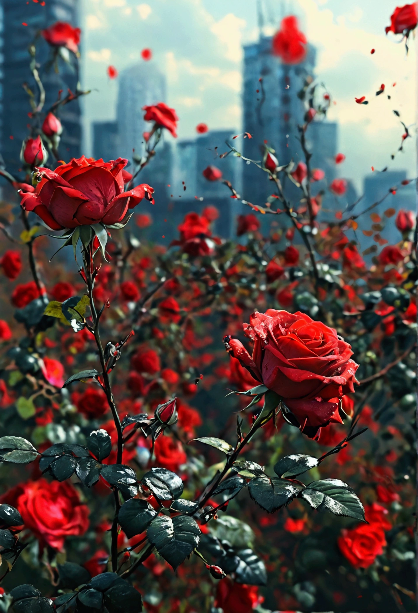 Roses grow lush,Red particles were floating in the sky,A skyscraper filled with vines,Wilderness Wind,Apocalyptic