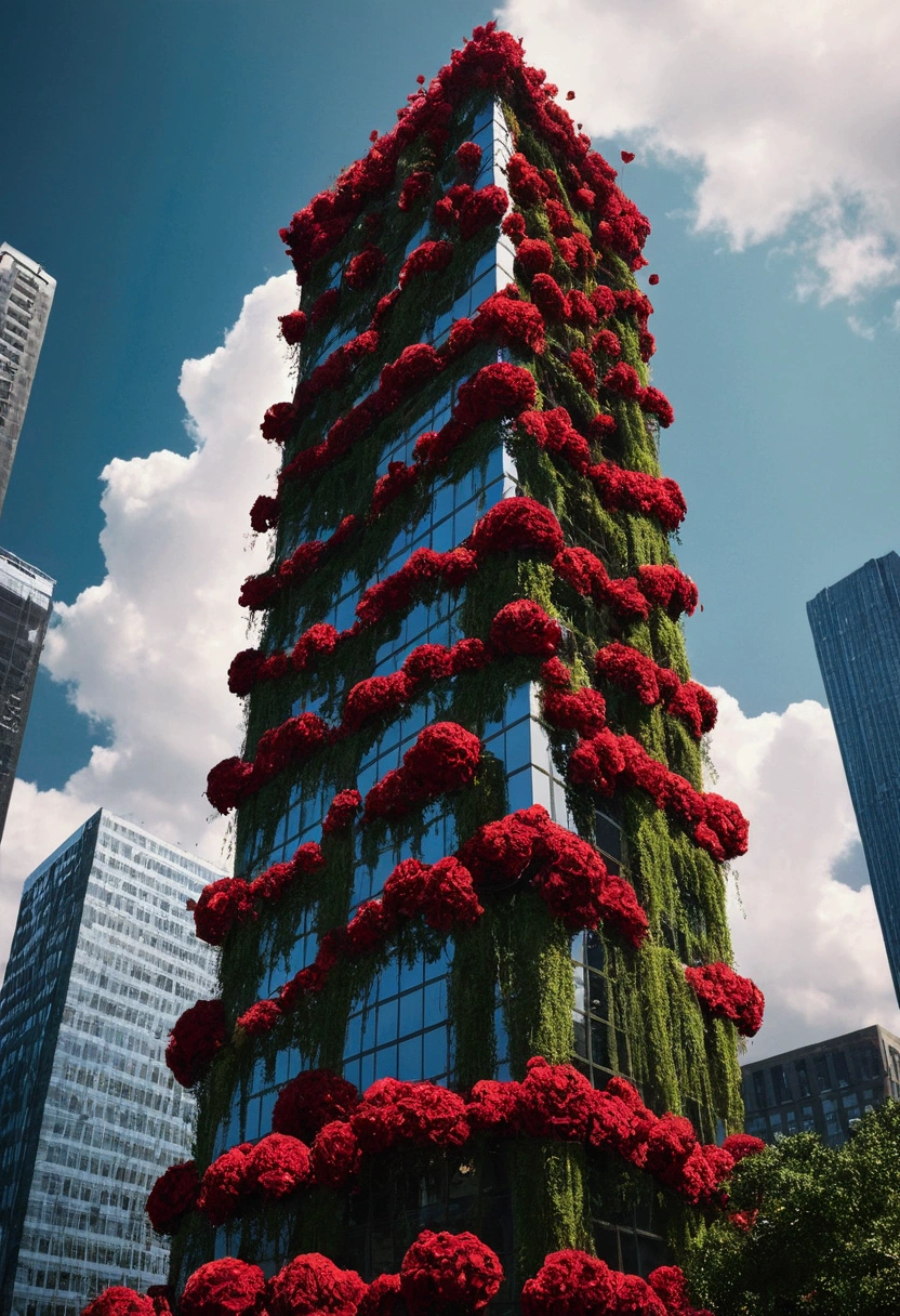 Roses grow lush,Red particles were floating in the sky,A skyscraper filled with vines,Wilderness Wind,Apocalyptic