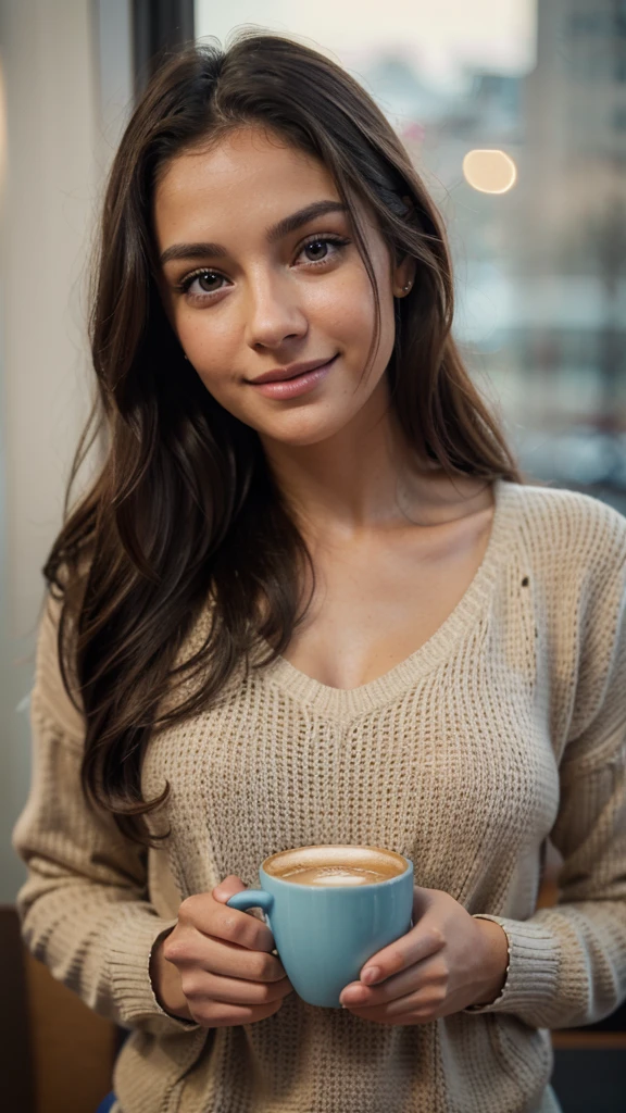 Beautiful dark hair girl wearing a beige sweater (Holding a cup of coffee in a modern café at sunset), Very detailed, 21 years, inoccent face, natural wavy hair, blue colored eyes, high resolution, master part, best quality, details Intricate, highy detailed, Crisp Focus, skin detailed, texture de pele realista, texture, detailedeyes, proffesional, 4K, charmer smile, filmed in canon, 85 millimeters, shallow depth of field, Cor Kodak Vision, perfect fit body, extremely detaild, fot_\(ultra\), photoreallistic, realisitic, Post-processing, maximum details, roughness, real-life, ultra realista, fotorrealism, fot, 8K UHD, fot, middle breast