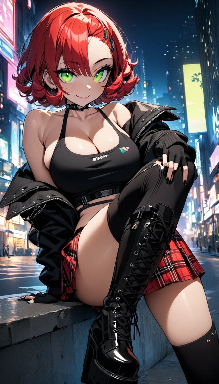 woman, smile, curly red pixie cut hair, green eyes, mascara, wearing crop top black shirt, long black jacket, red plaid skirt, (black knee high boots), black fingerless gloves, exposed shoulders, large breasts, freckles, cleavage, looking at viewer, masterpiece, best quality, Holo-Punk Style, in the city at night