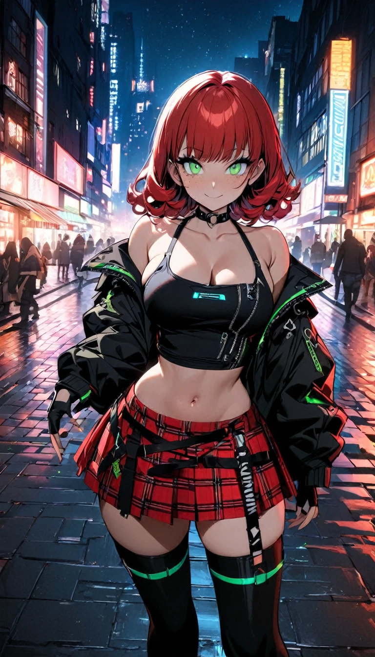 woman, smile, curly red pixie cut hair, green eyes, mascara, wearing crop top black shirt, long black jacket, red plaid skirt, (black knee high boots), black fingerless gloves, exposed shoulders, large breasts, freckles, cleavage, looking at viewer, masterpiece, best quality, Holo-Punk Style, in the city at night