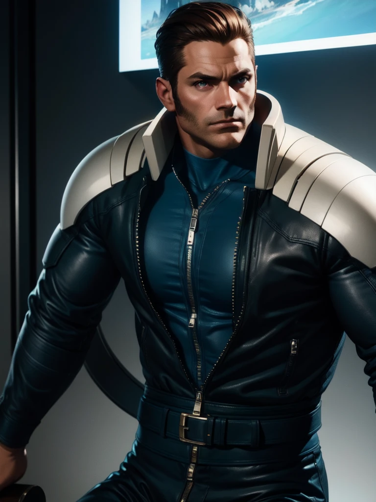 30 year old man, alone, strong, muscular, short brown hair, blue clothing, high resolution, perfect image, very detailed, high contrast, digital colors, simple, medium shot, cinematic, ultra sharp focus, award-winning photography, contrast perfect, high sharpness, depth of field, ultra detailed photography. global illumination, fluid, ultra high definition, 8k, Unreal Engine 5, ultra sharp focus, award-winning photography, Art Season Trends,
