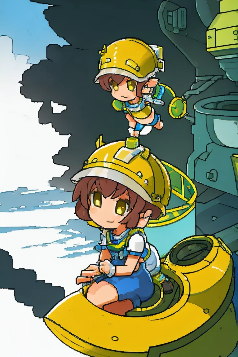 Cute subhuman employee wearing yellow helmet working in seaside factory