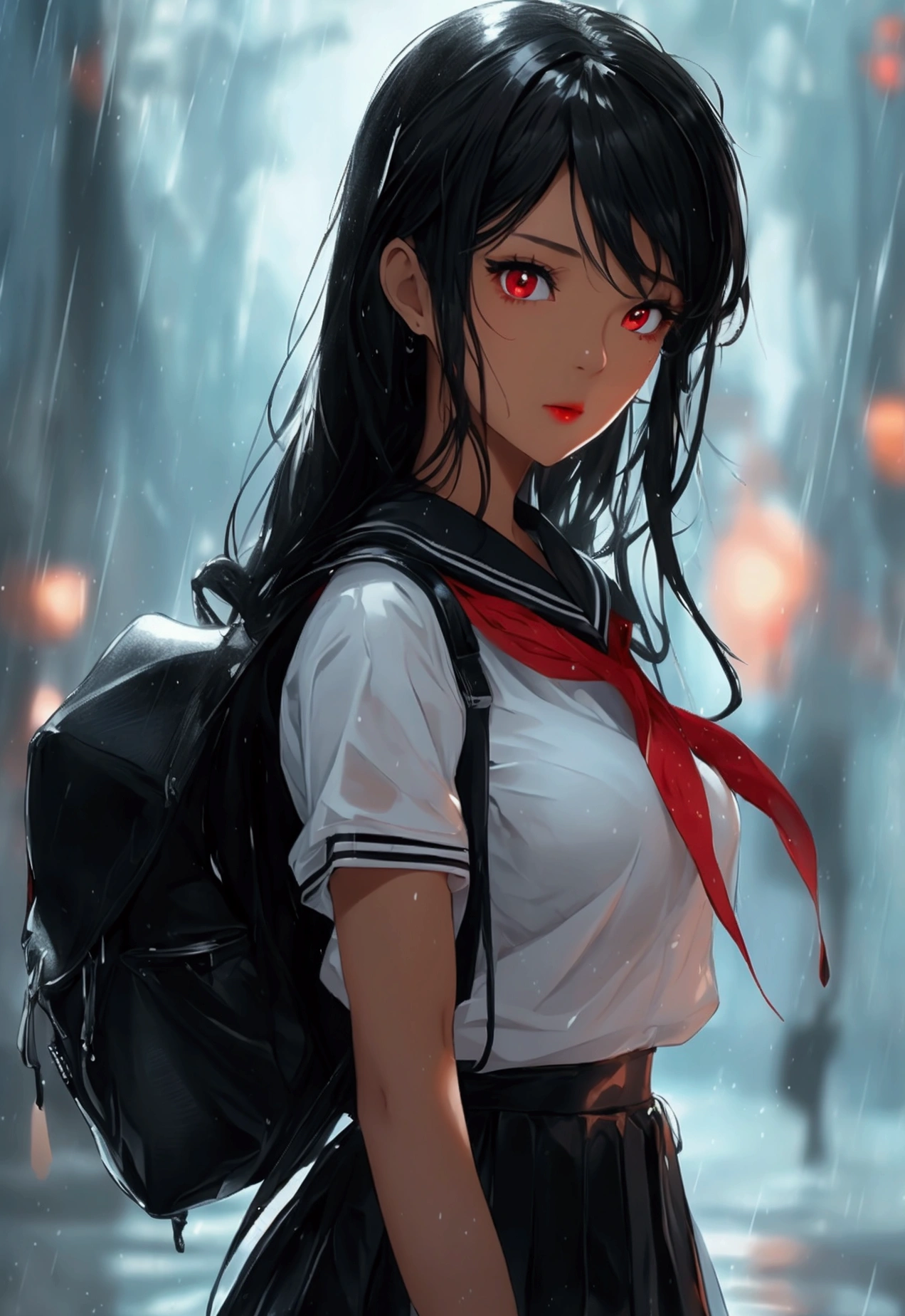 Girl with very long curly black hair, red eyes, BROWN SKIN , big breasts, thin waist, big hips, open white blouse, black school skirt , black stockings, black backpack, rain. 