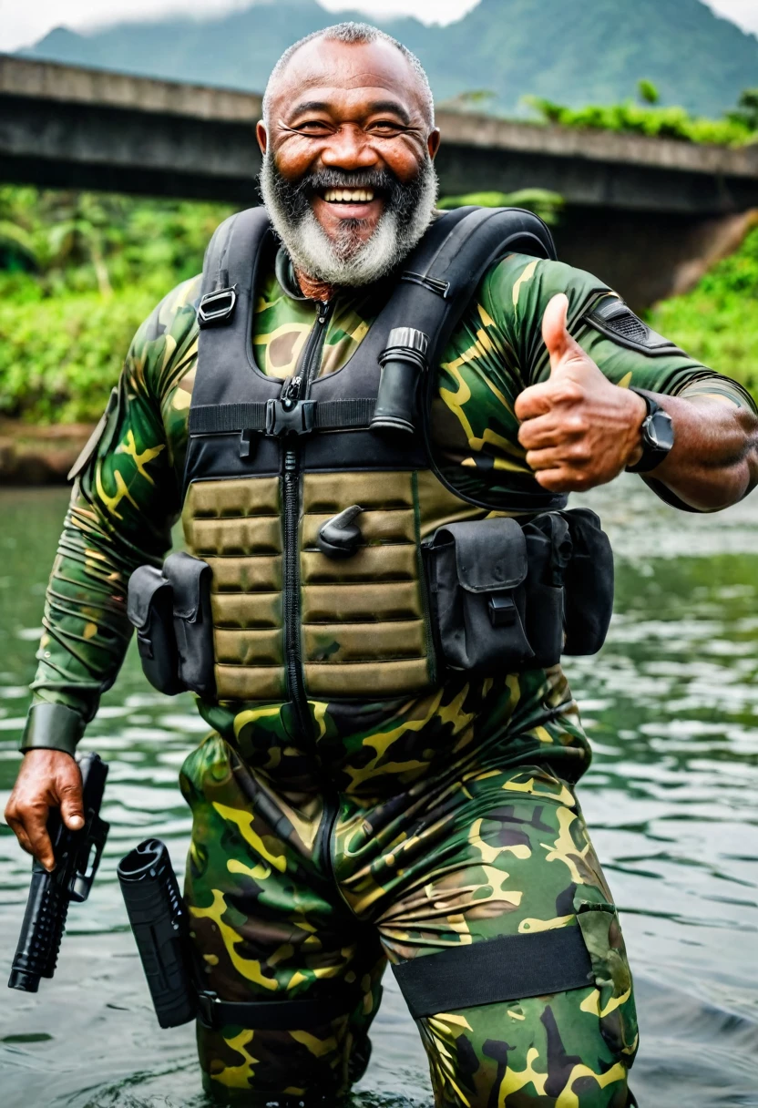 (a dark-skinned bearded fat elderly old man in a blue skintight zipper diver suit) holding a gun and (wearing blue army beret on his head), muscular, Basuki Abdullah, sumatraism, action, a character portrait, full round face, heroic, snarling, best quality, bulging crotch