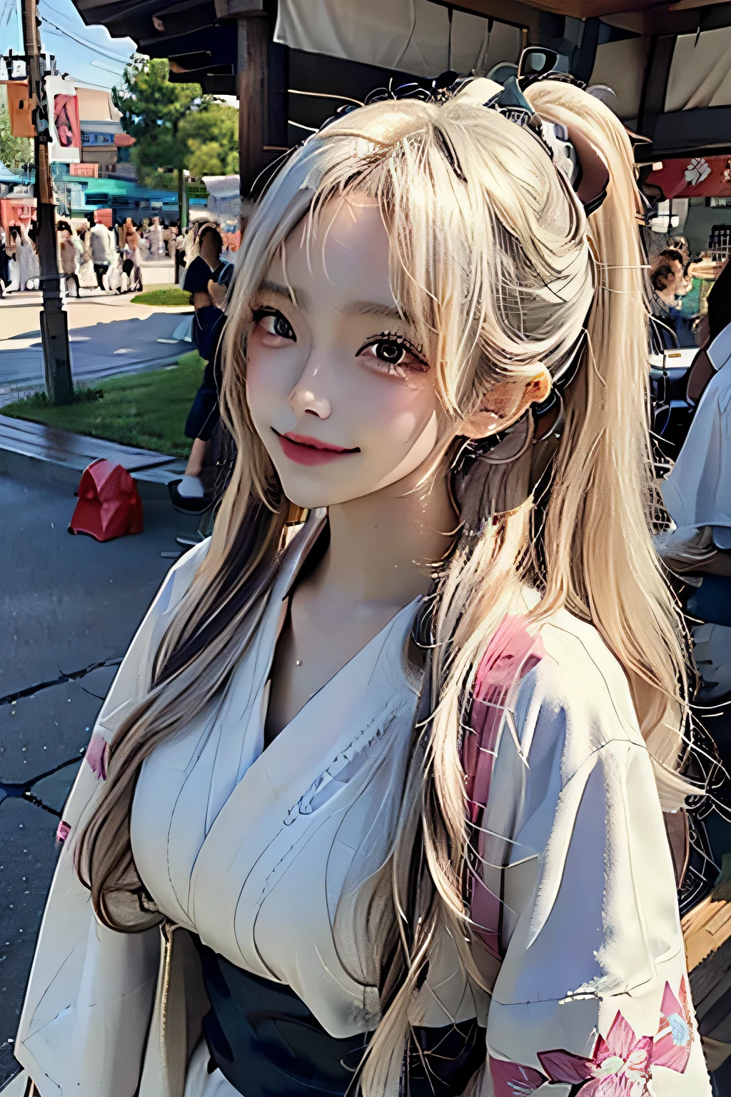 ((Top quality, high resolution, super detailed, masterpiece)), realistic, front view, full body, beautiful girl, staring, sexy eyes, droopy eyes, long white hair, curled ends, ponytail, big toothy smile, yukata, summer festival